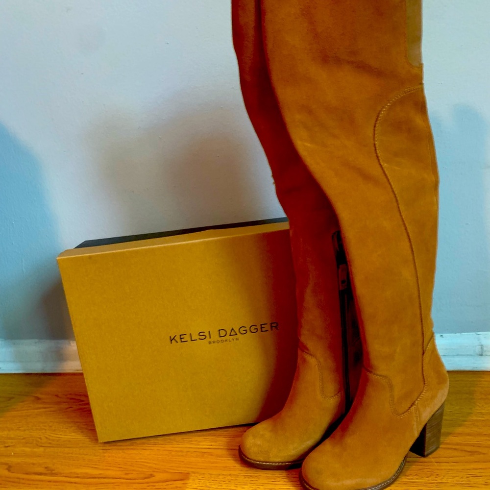 Kelsi Dagger Brooklyn “Logan” Oil Cow Suede in Chestnut Over the Knee Boots